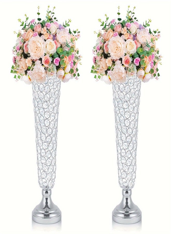 Kehail 2-Pack 18.5" Tall Silver Vases, Elegant Crystal Trumpet Vase, Gorgeous Centerpiece Flower Stand | Artificial Flower Arrangement for Weddings, Anniversaries | Home & Party Decor Display - Image 1